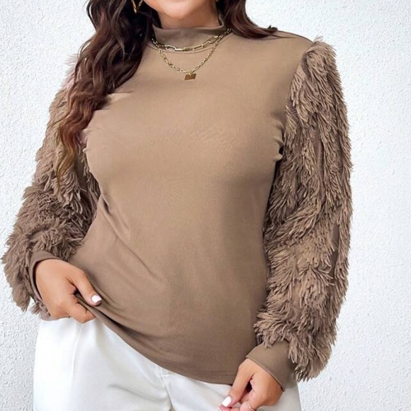 Cozy Plus Size Fuzzy Trim Mock Neck Tee Top Shirt Blouse - Picture 4 of 5